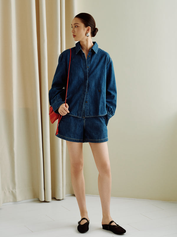 Gentle Denim Multiway Buttondown Shirt in Dark Blue (Preview)