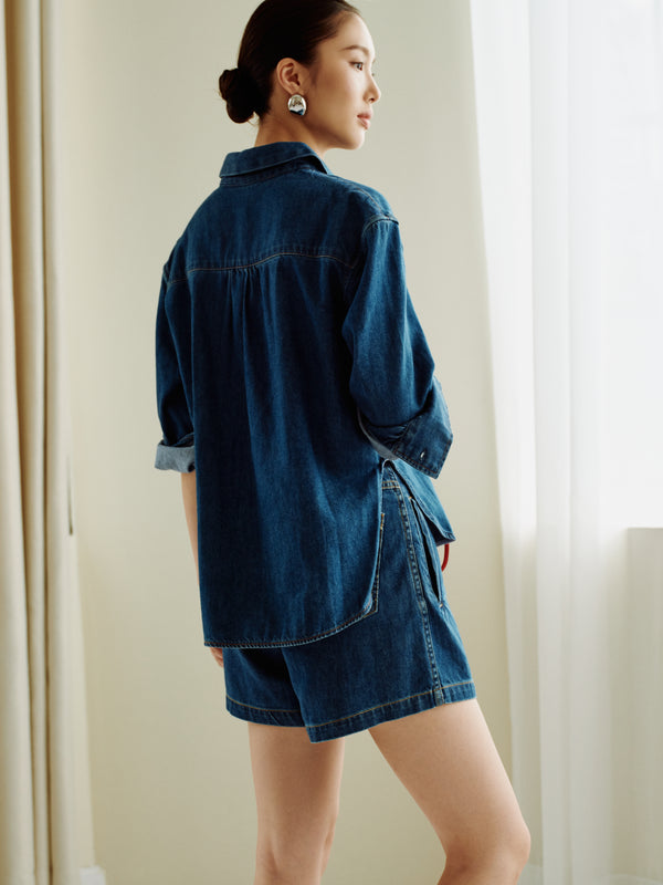 Gentle Denim Multiway Buttondown Shirt in Dark Blue (Preview)