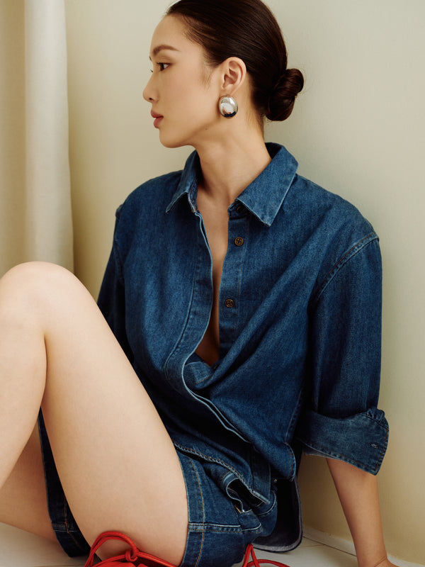 Gentle Denim Multiway Buttondown Shirt in Dark Blue (Preview)