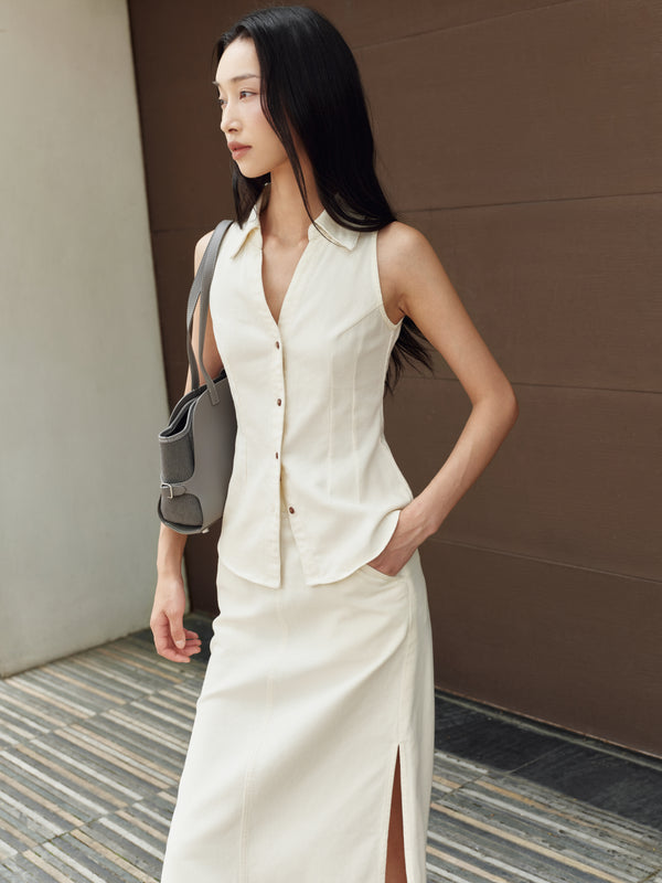 Gentle Denim Column Skirt in Cream (Preview)