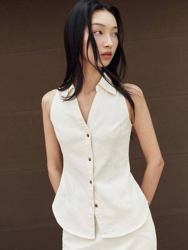 Gentle Denim Contrast Button Collared Top in Cream (Preview)