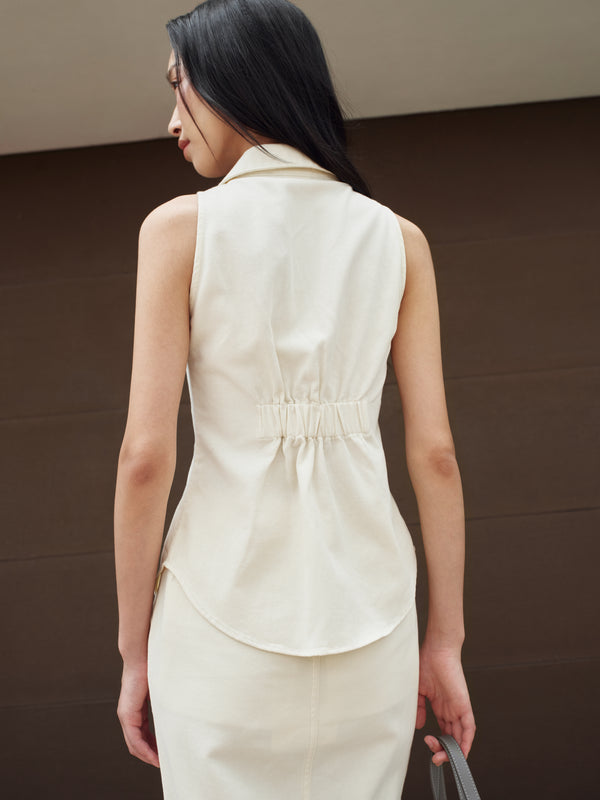 Gentle Denim Contrast Button Collared Top in Cream (Preview)