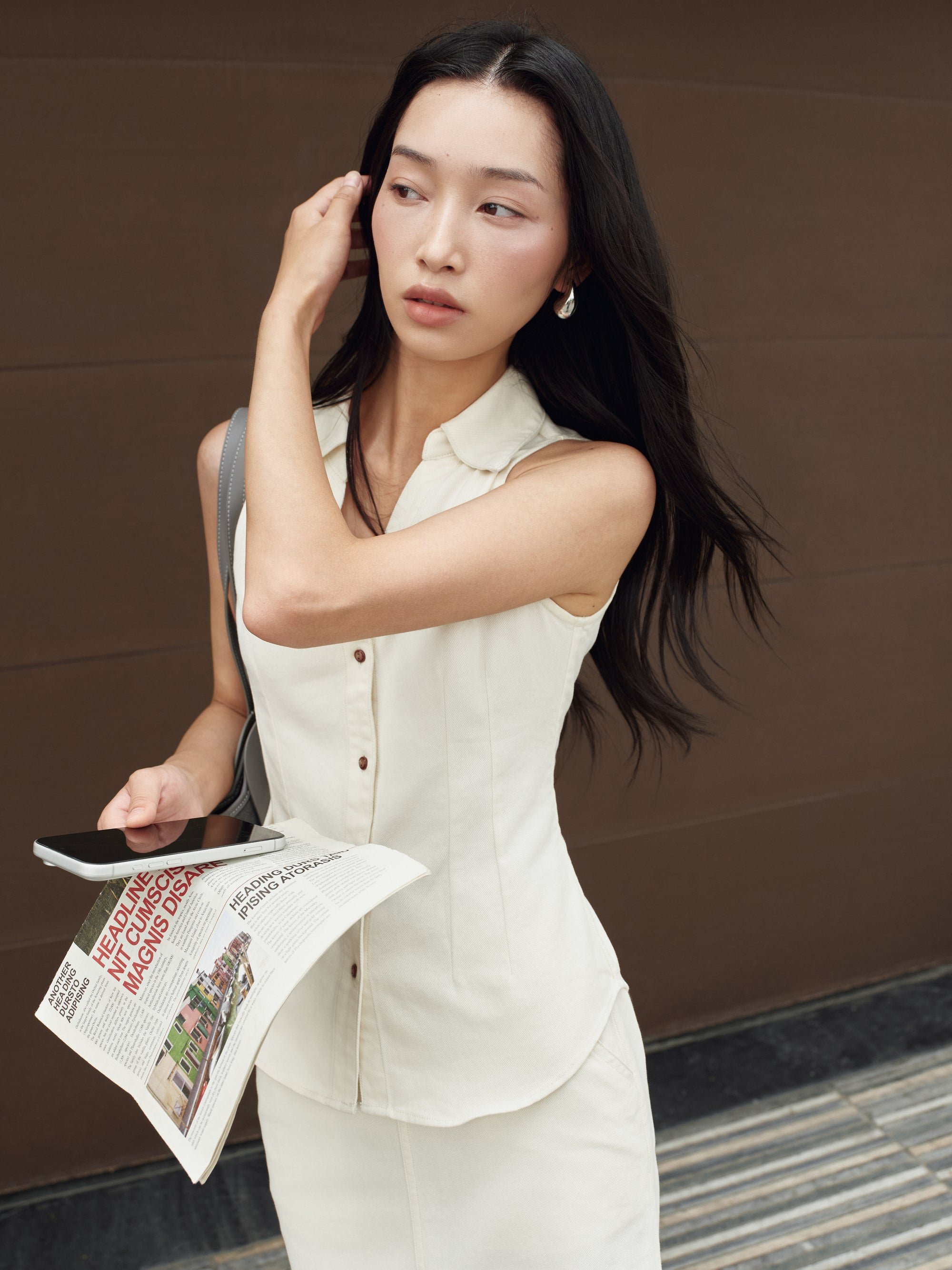 Gentle Denim Contrast Button Collared Top in Cream (Preview)