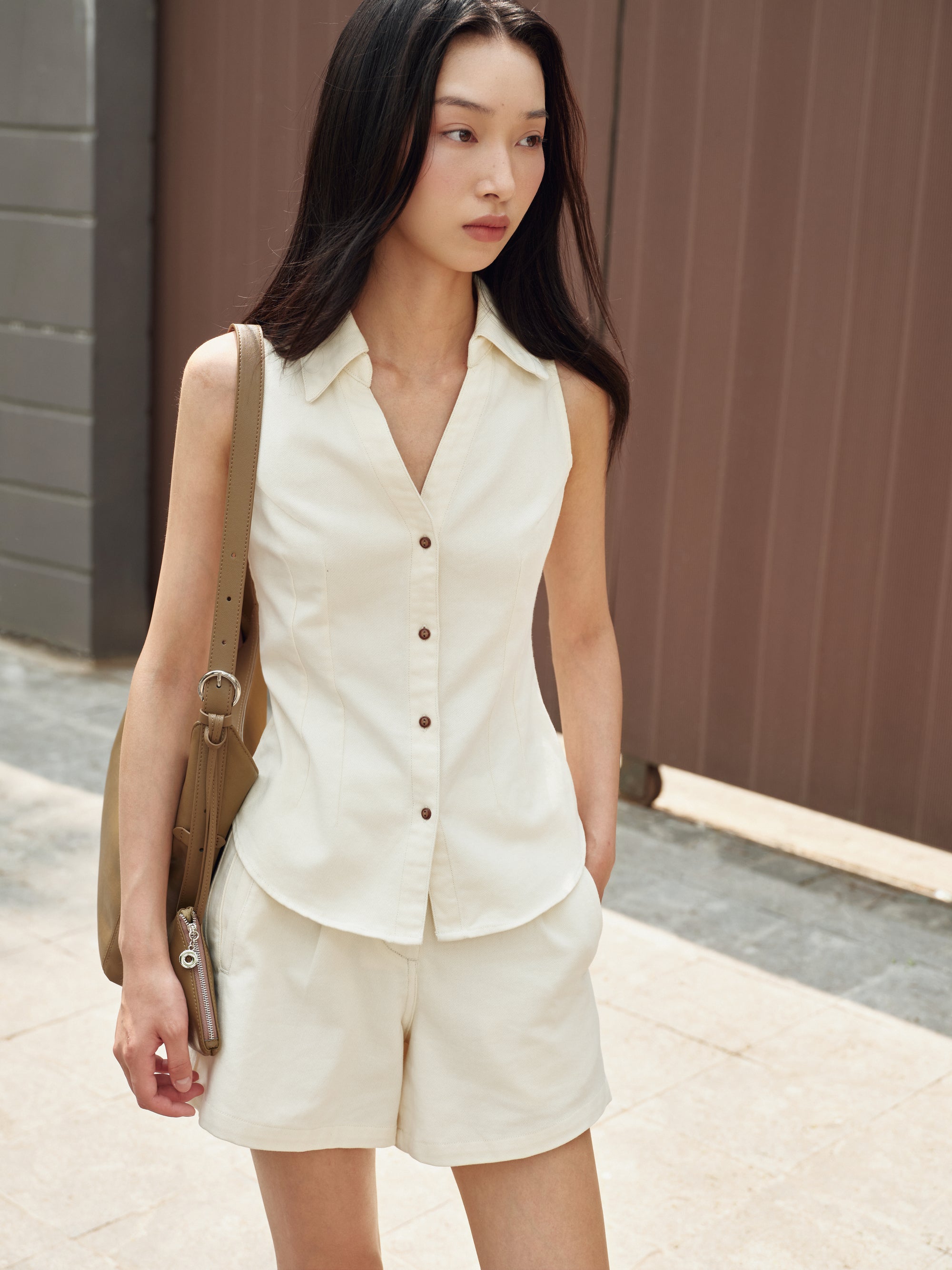 Gentle Denim Contrast Button Collared Top in Cream (Preview)