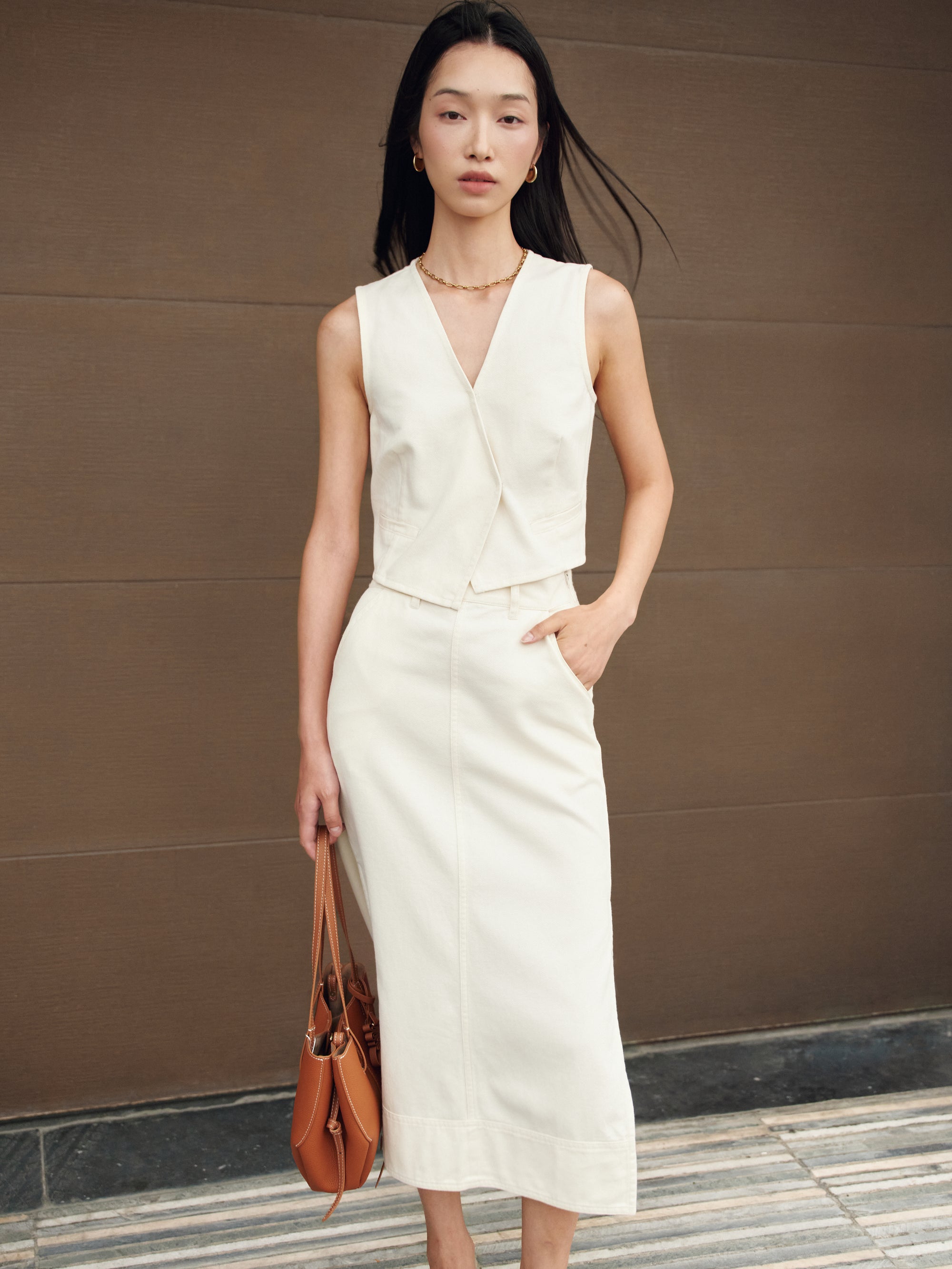 Gentle Denim Column Skirt in Cream (Preview)