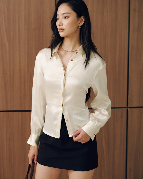 Naia™ Satin Multiway Contrast Button Shirt in Pearl (Preview)
