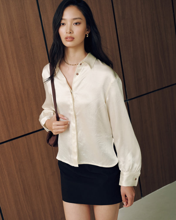 Naia™ Satin Multiway Contrast Button Shirt in Pearl (Preview)
