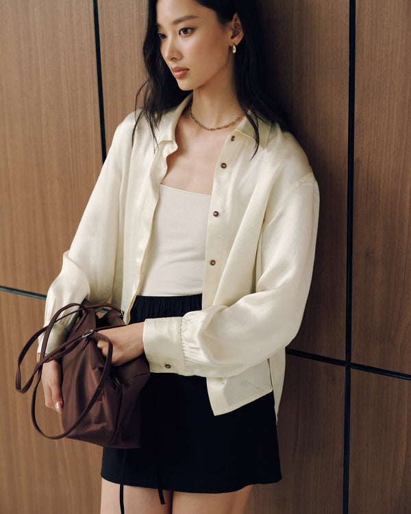 Naia™ Satin Multiway Contrast Button Shirt in Pearl (Preview)