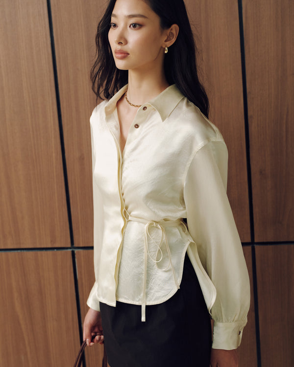 Naia™ Satin Multiway Contrast Button Shirt in Pearl (Preview)