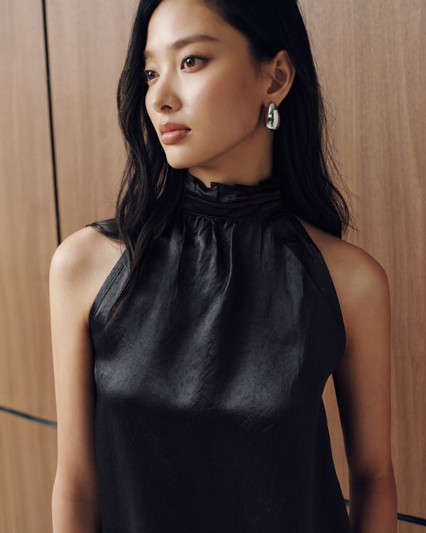 Naia™ Satin High Neck Pleat Top in Inkwell (Preview)