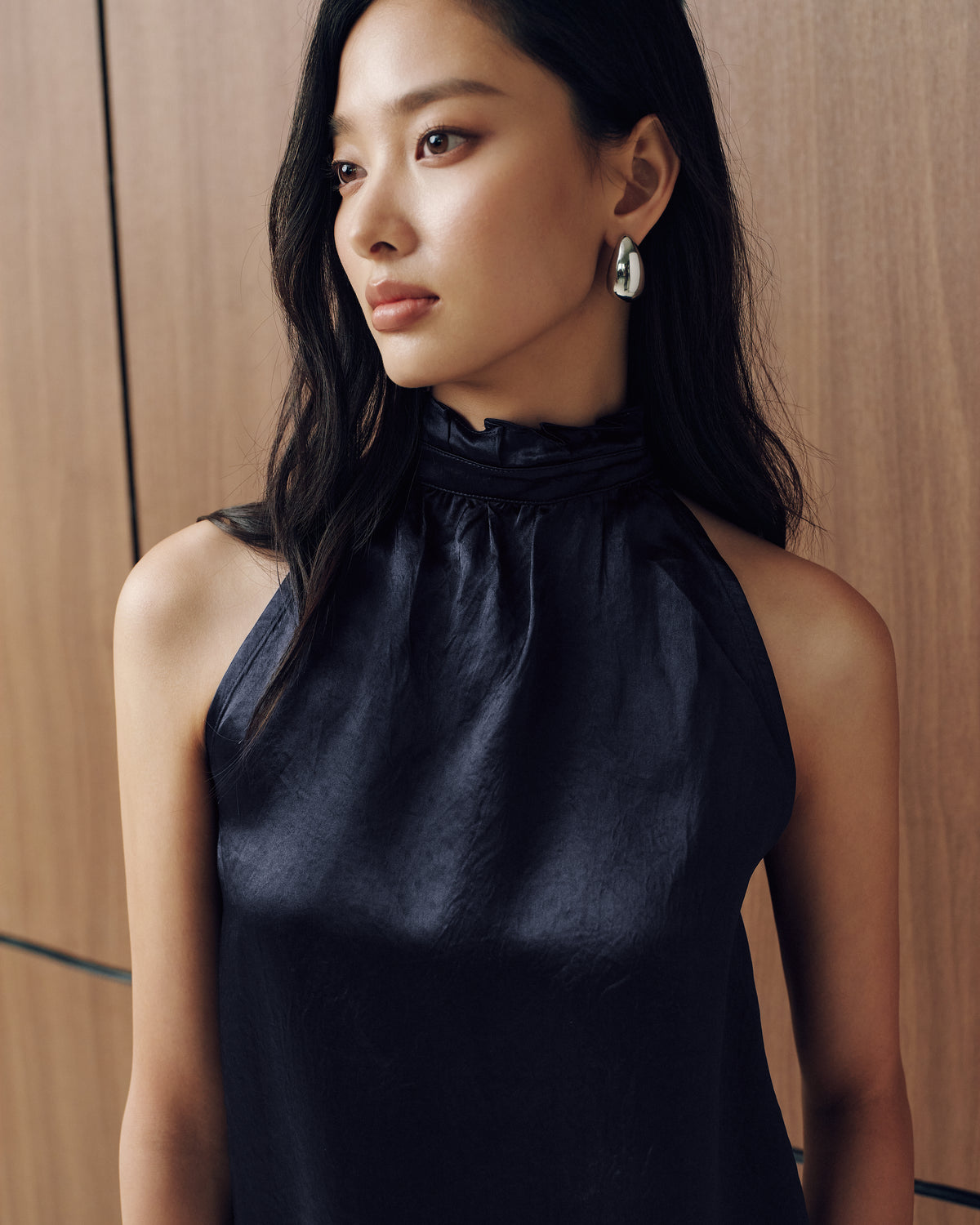 Naia™ Satin High Neck Pleat Top in Inkwell