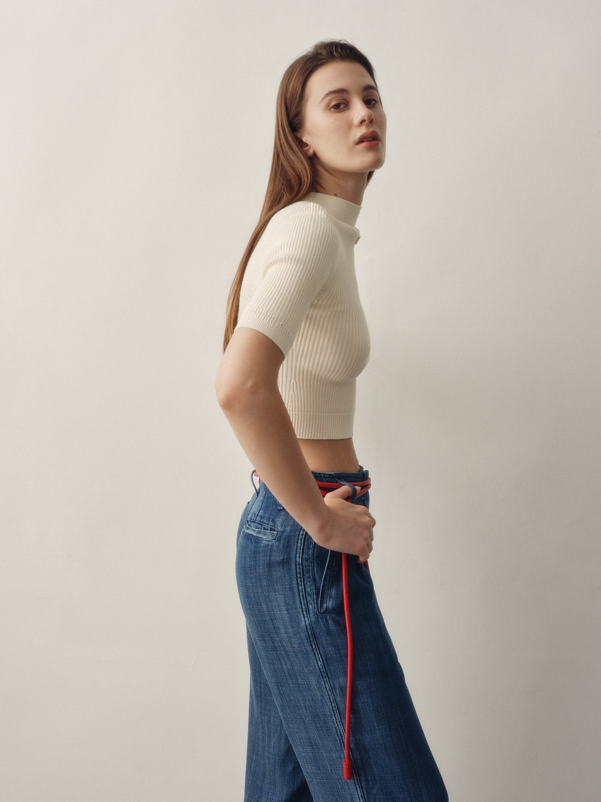 Seamless Knit Sleeved Top in Cream