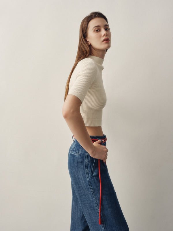Seamless Knit Sleeved Top in Cream