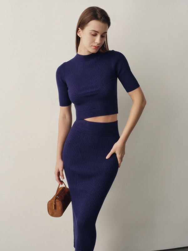 Seamless Knit Sleeved Top in Navy