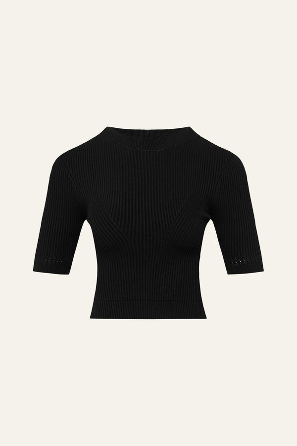 Seamless Knit Sleeved Top in Black