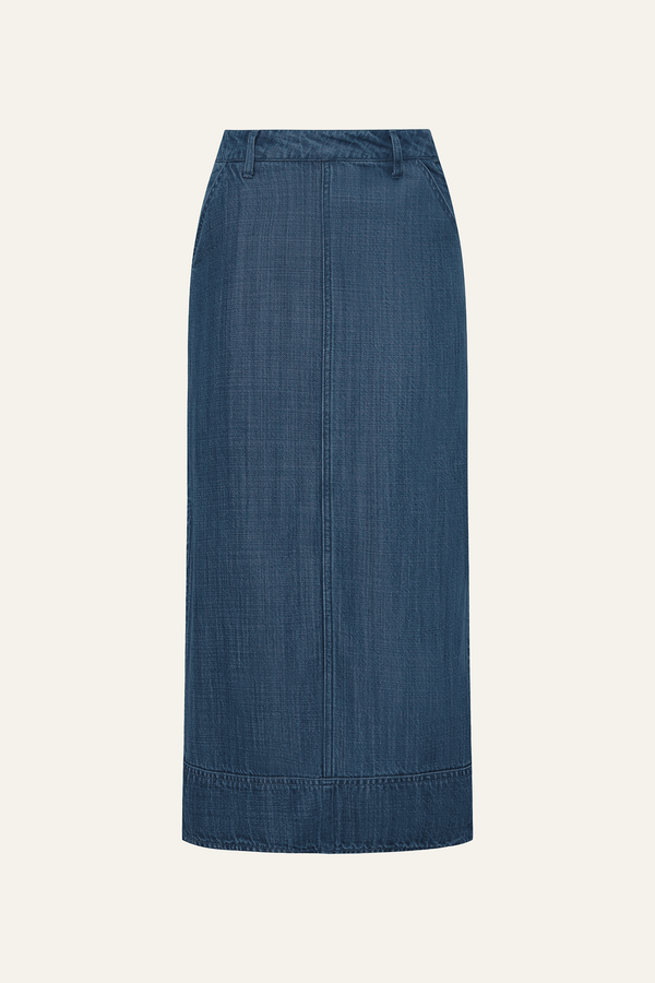 Gentle Denim Column Skirt in Dark Blue