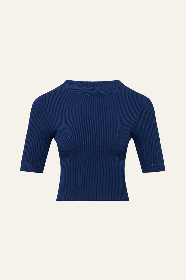 Seamless Knit Sleeved Top in Navy